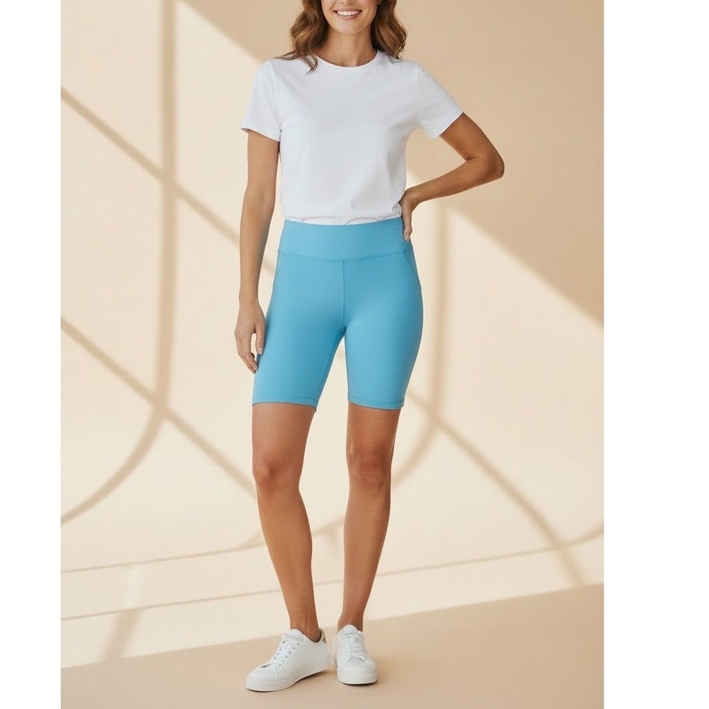 Yogalicious Lux Womens High Rise Bike Shorts Blue Size Medium Athletic Yoga